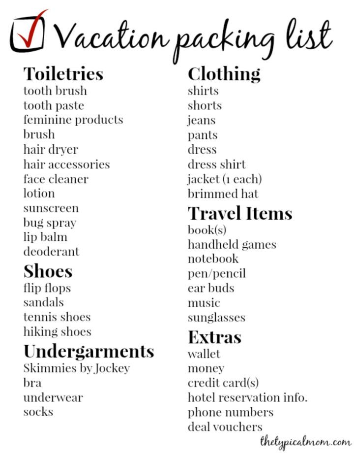 Customizable Printable Vacation Packing List
