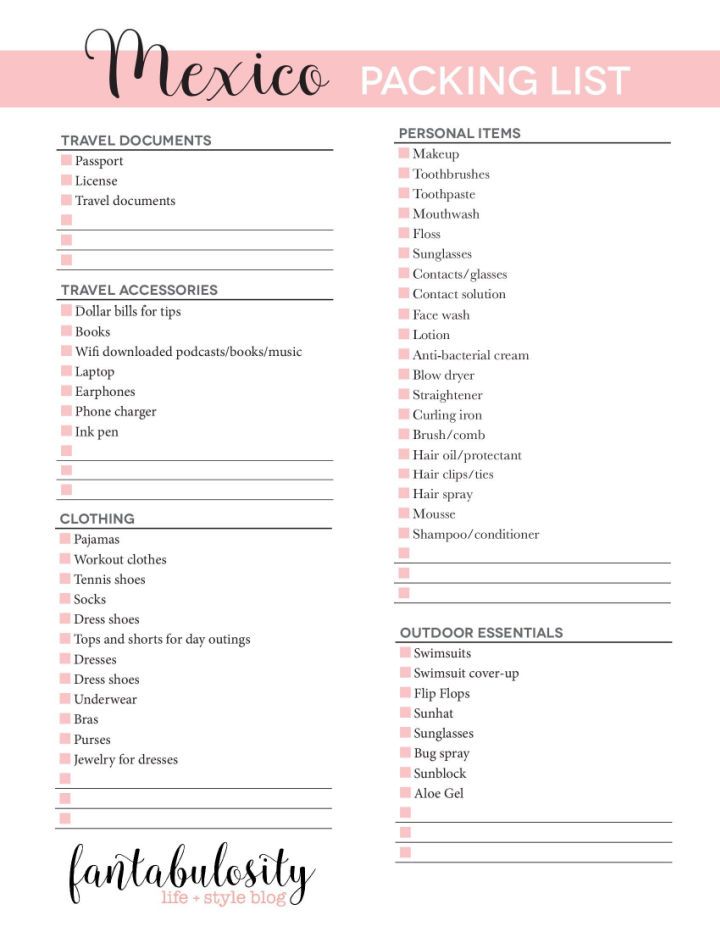 Free Printable Mexico Packing List