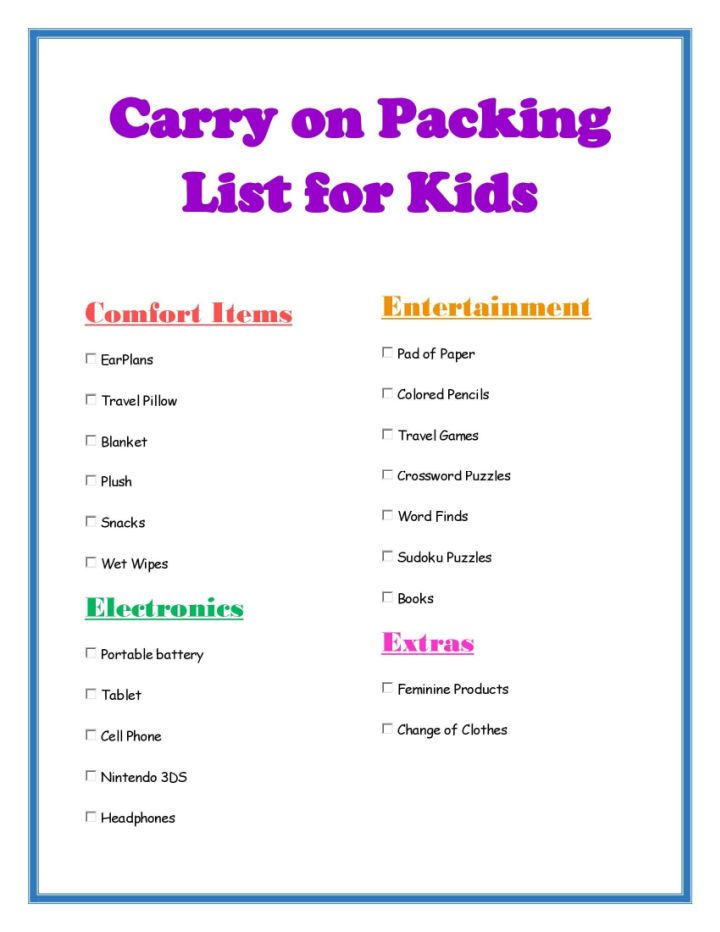 Printable Carry on Packing List for Kids