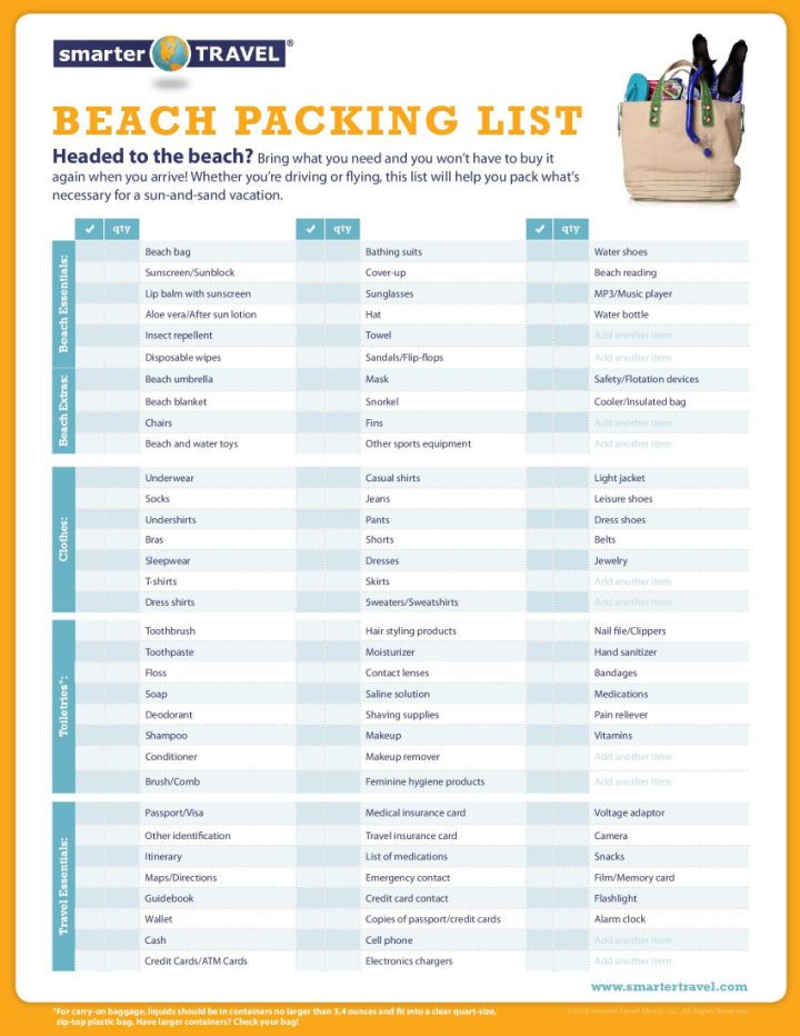Printable Sample Beach Packing List