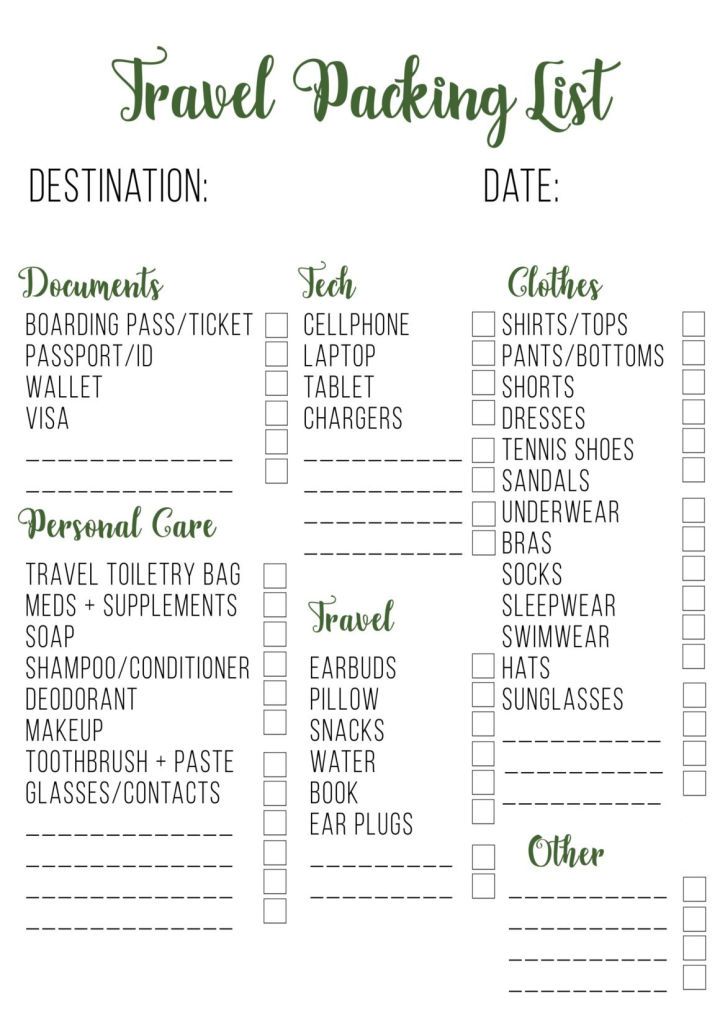 Printable Travel Necessities Packing List